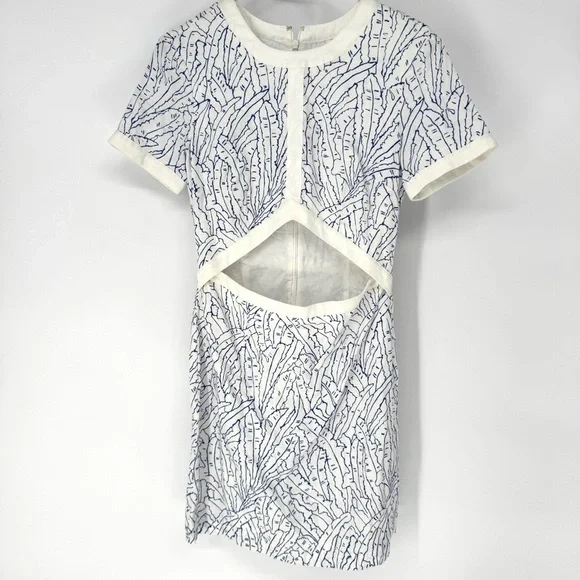 STAUD cutout Perla White Mini linen stealth Dress w/ Blue  Print size 6 - Picture 3 of 8